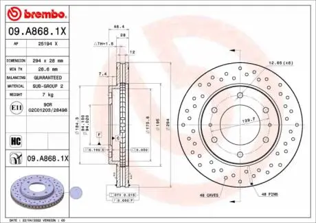 Тормозной диск xtra передний BREMBO 09.A868.1X