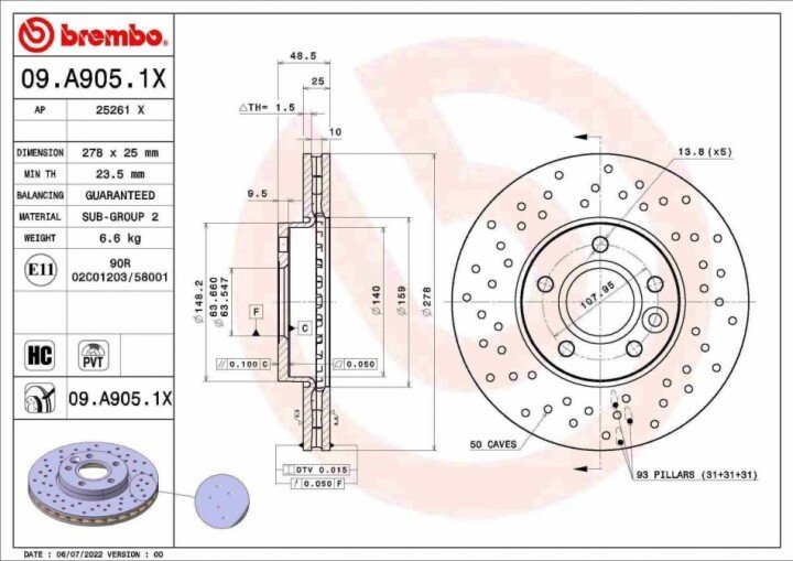 Гальмівний диск xtra передній BREMBO 09.A905.1X (фото 1)