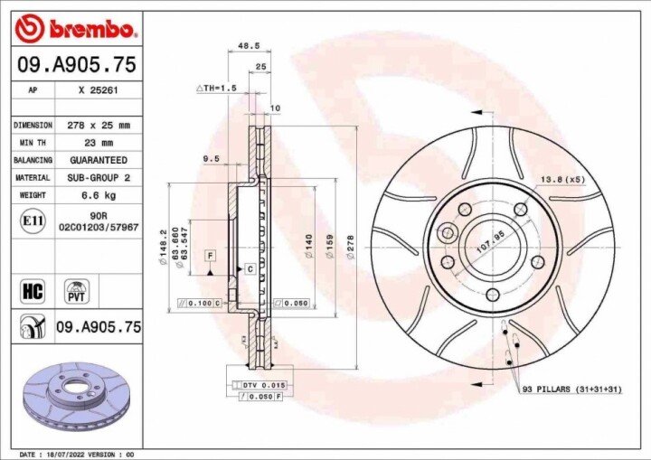 Тормозной диск макс. передн. BREMBO 09.A905.75 (фото 1)