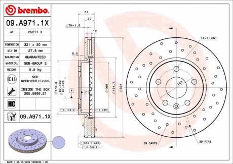 Тормозной диск xtra передний BREMBO 09.A971.1X