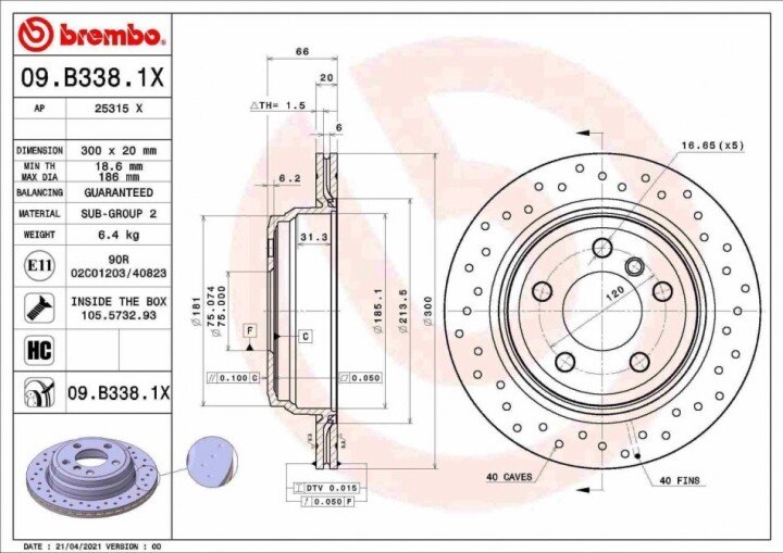 Тормозной диск xtra задний BREMBO 09.B338.1X (фото 1)