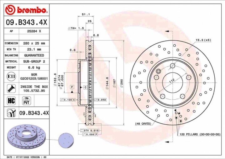 Тормозной диск xtra передний BREMBO 09.B343.4X (фото 1)