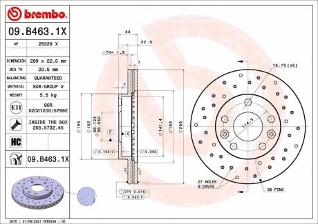 Тормозной диск xtra передний BREMBO 09.B463.1X