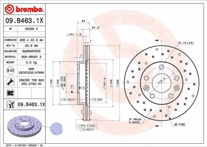 Гальмівний диск xtra передній BREMBO 09.B463.1X (фото 1)