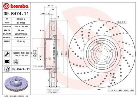 Передний тормозной диск BREMBO 09.B474.11 (фото 1)