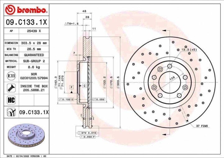 Гальмівний диск xtra передній BREMBO 09.C133.1X (фото 1)