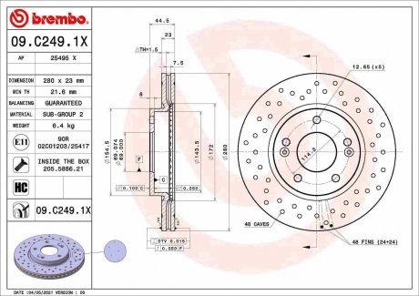 Тормозной диск xtra передний BREMBO 09.C249.1X