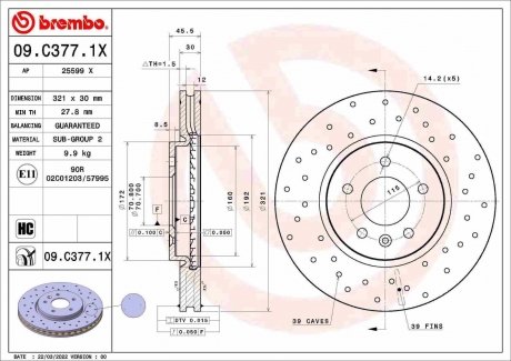 Тормозной диск xtra передний BREMBO 09.C377.1X