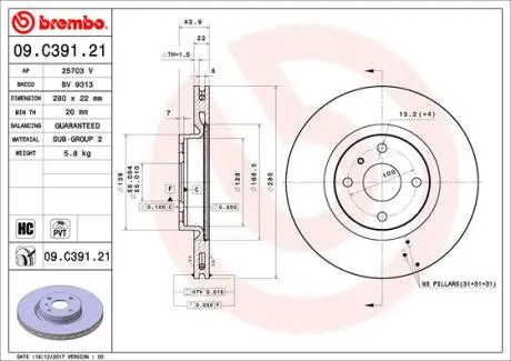 Передний тормозной диск BREMBO 09.C391.21