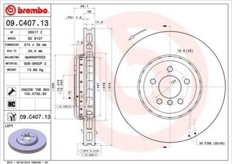 Тормозной диск передний левый bmw 5/7 08- BREMBO 09.C407.13 (фото 1)