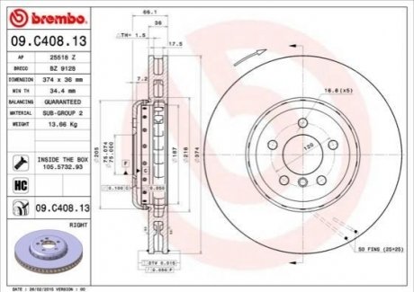 Тормозной диск передний прав bmw 5/7 08- BREMBO 09.C408.13 (фото 1)