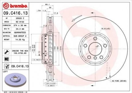 Тормозной диск передний левый bmw 5/7 08- BREMBO 09.C416.13 (фото 1)