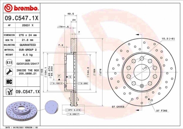 Тормозной диск xtra передний BREMBO 09.C547.1X (фото 1)