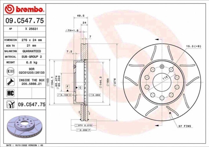 Гальмівний диск макс. передн. BREMBO 09.C547.75 (фото 1)