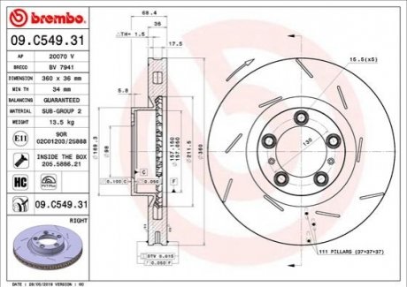 Тормозной диск передний справа BREMBO 09.C549.31 (фото 1)