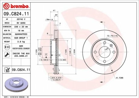 Передний тормозной диск BREMBO 09.C824.11 (фото 1)