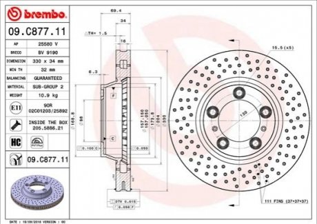 Тормозной диск передний л/п porsche 911 03- BREMBO 09.C877.11 (фото 1)
