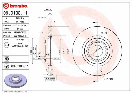 Передний тормозной диск BREMBO 09.D103.11 (фото 1)