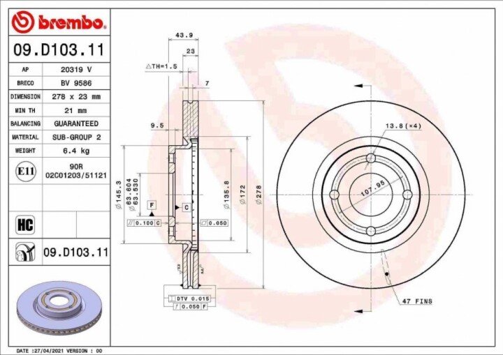 Передний тормозной диск BREMBO 09.D103.11 (фото 1)