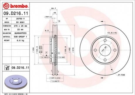 Передний тормозной диск BREMBO 09.D216.11 (фото 1)