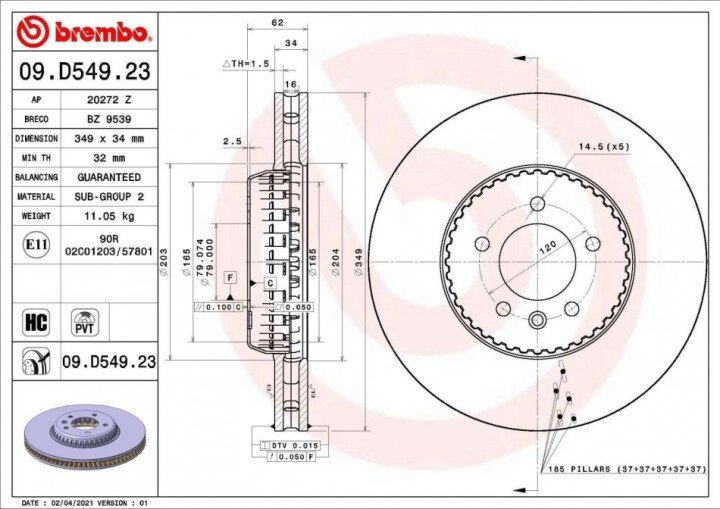 Передний тормозной диск BREMBO 09.D549.23 (фото 1)