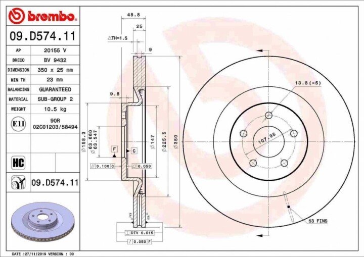 Передній гальмівний диск BREMBO 09.D574.11 (фото 1)