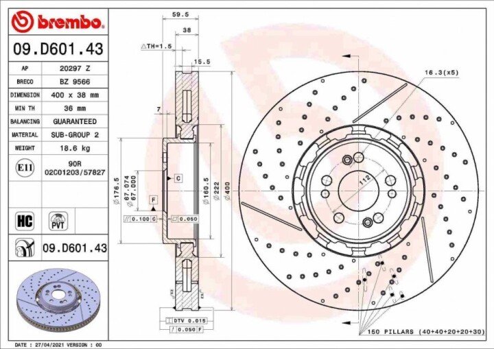 Передний тормозной диск BREMBO 09.D601.43 (фото 1)