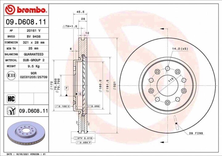 Передний тормозной диск BREMBO 09.D608.11 (фото 1)