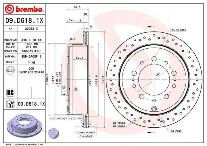 Тормозной диск задний BREMBO 09.D618.1X (фото 1)