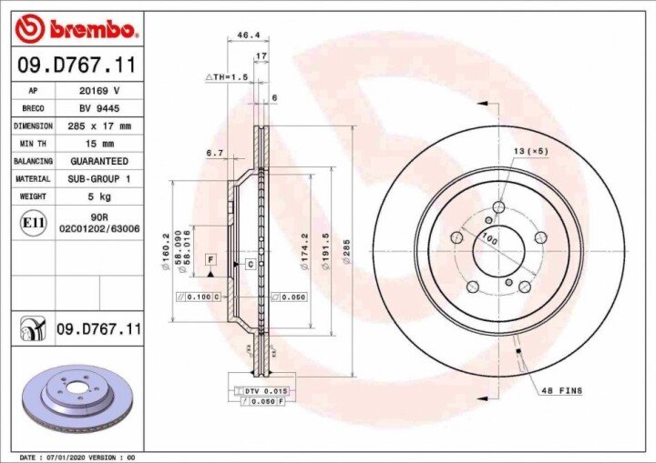 Задний тормозной диск BREMBO 09.D767.11 (фото 1)