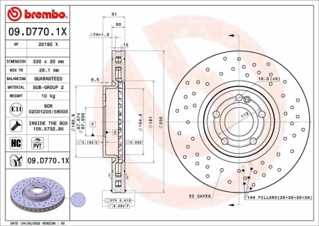 Тормозной диск xtra передний BREMBO 09.D770.1X