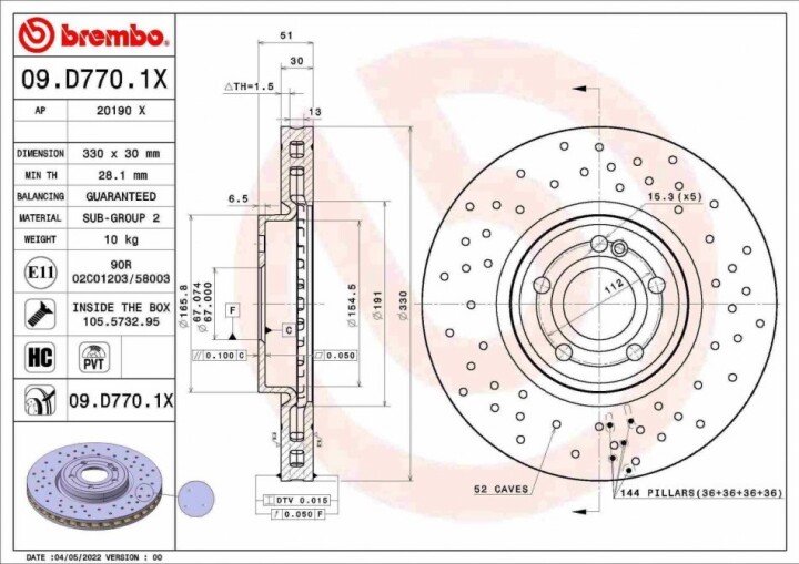 Гальмівний диск xtra передній BREMBO 09.D770.1X (фото 1)