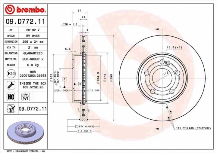 Передний тормозной диск BREMBO 09.D772.11 (фото 1)