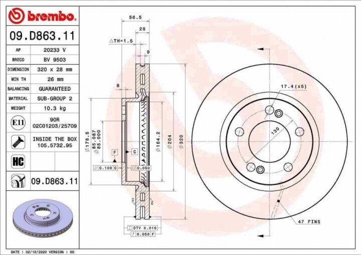 Передний тормозной диск BREMBO 09.D863.11 (фото 1)