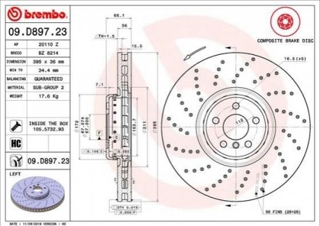 Тормозной диск передний левый BREMBO 09.D897.23