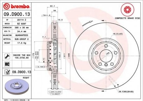 Тормозной диск передний справа BREMBO 09.D900.13