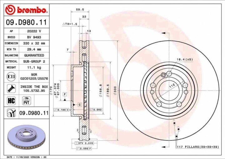 Передний тормозной диск BREMBO 09.D980.11 (фото 1)