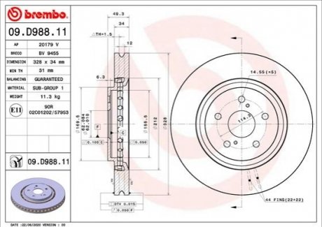 Передній гальмівний диск BREMBO 09.D988.11