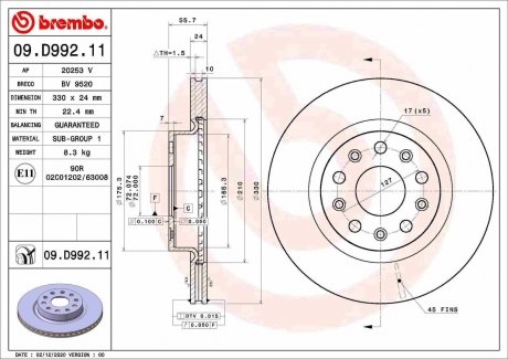 Передний тормозной диск BREMBO 09.D992.11 (фото 1)