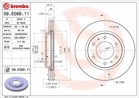 Передний тормозной диск BREMBO 09.E069.11