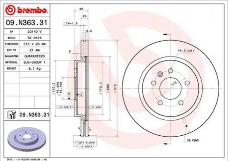 Задний тормозной диск BREMBO 09.N363.31 (фото 1)