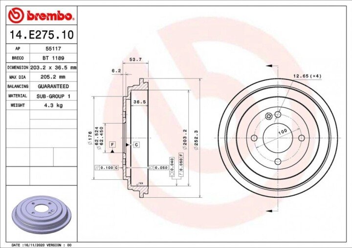 Тормозной барабан BREMBO 14.E275.10 (фото 1)