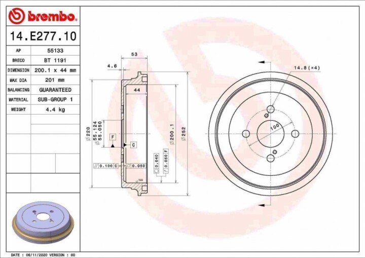 Тормозной барабан BREMBO 14.E277.10 (фото 1)