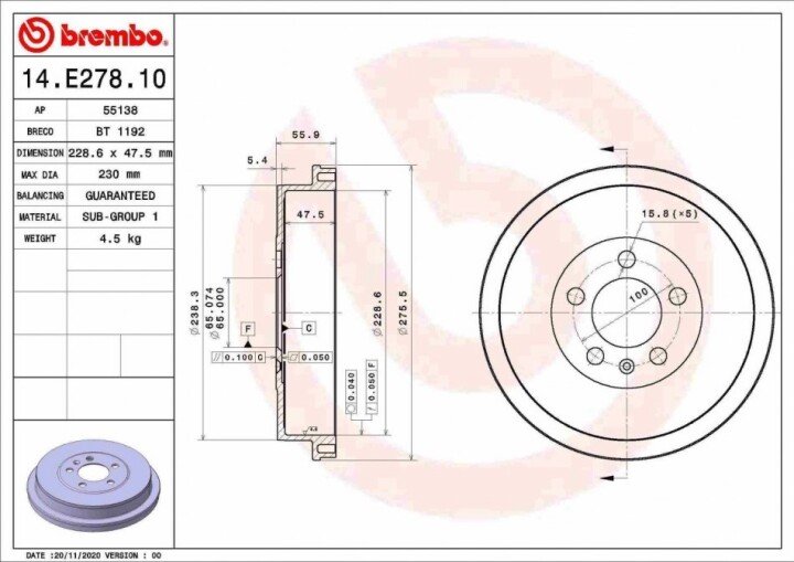 Тормозной барабан BREMBO 14.E278.10 (фото 1)