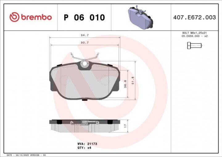 Гальмівні колодки BREMBO P 06 010 (фото 1)