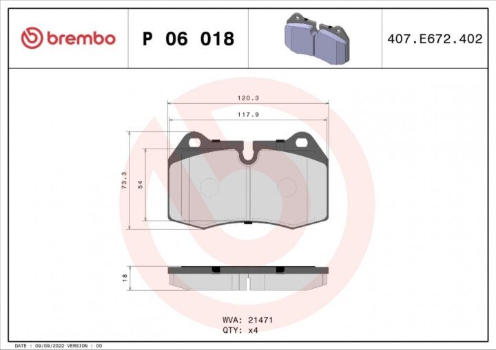 Комплект тормозных колодок, дисковый тормоз BREMBO P 06 018 (фото 1)