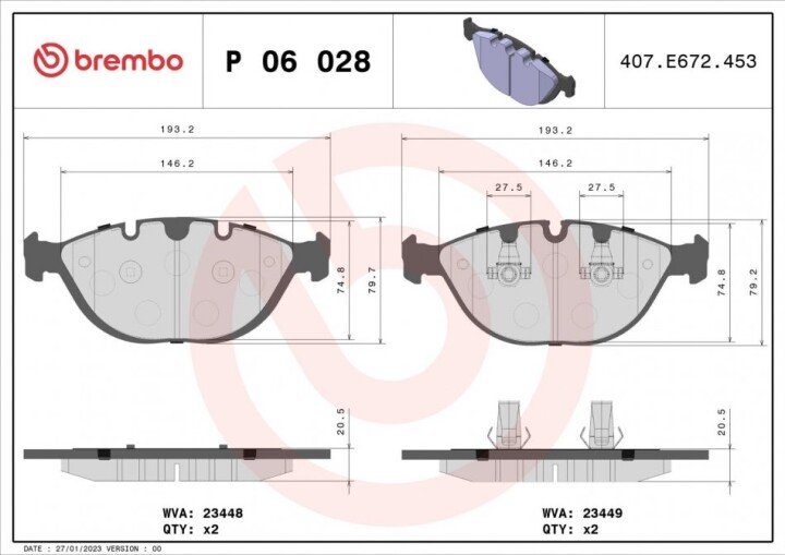 Комплект гальмівних колодок, дискове гальмо BREMBO P 06 028 (фото 1)