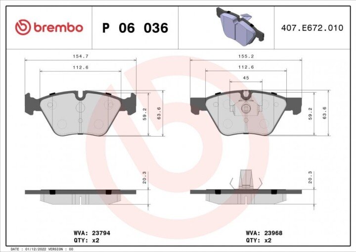 Гальмівні дискові колодки. BREMBO P 06 036 (фото 1)