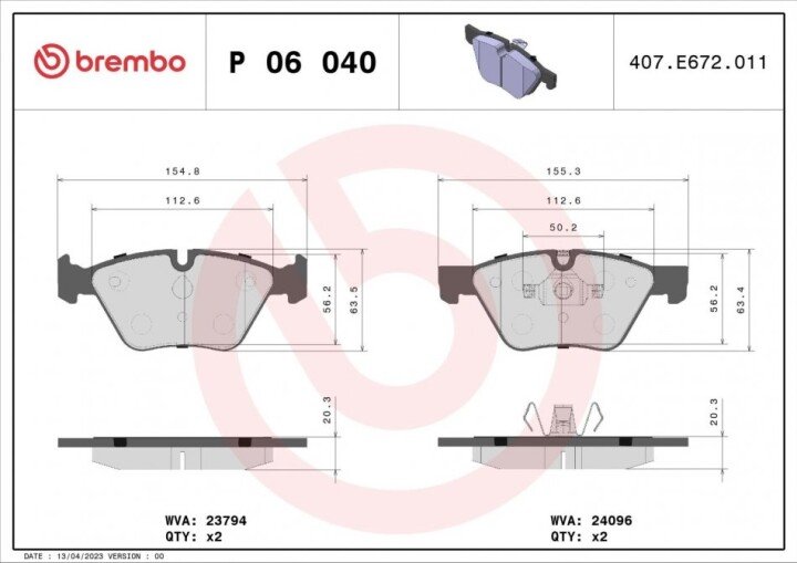 Комплект тормозных колодок, дисковый тормоз BREMBO P 06 040 (фото 1)