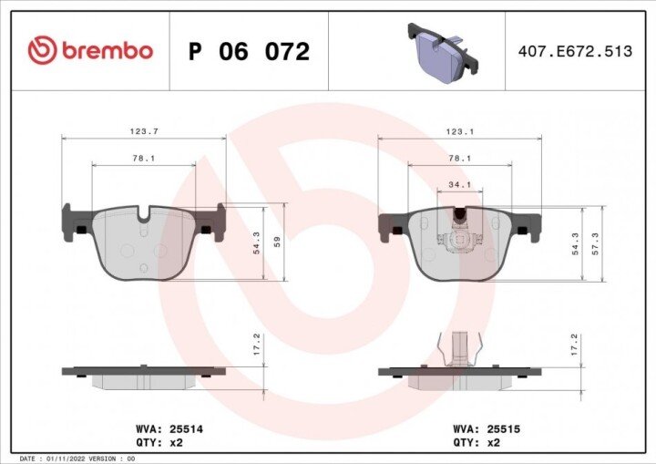 Гальмівні колодки BREMBO P 06 072 (фото 1)